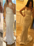 Graduation dress White Strapless Sequined Maxi Dress Floor Length Stretch Empire Sleeveless Mermaid Dress