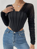 Black Mesh Long Sleeve Off Shoulder T-shirts Tops Women Sexy Backless Ruched Corsets Street Clubwear Short Tees 2023