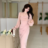 2023 Autumn Solid Elegant Fairy Dresses Women Casual Party Fashion Korean One Piece Dress Female Lace Vintage Chic Midi Dresses