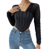 Black Mesh Long Sleeve Off Shoulder T-shirts Tops Women Sexy Backless Ruched Corsets Street Clubwear Short Tees 2023