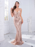 Graduation dress Sexy Backless Padded V Neck Stretch Sequin Evening Night Party Dress Sleeveless Fitting Floor Length Full Lining Club Dress Gold