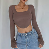 spring dresses for women 2023 Fashion Casual T-shirts Irregular Hem Long Sleeve Square Collar Crop Top Women Solid Ribbed Pullovers T-shirts