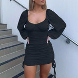 Low Cut Puff Sleeve Short Mini Dress Fall Spring Women Square Collar Side Drawstring Bodycon Dress Party Office Lady
