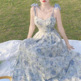 Elegant Long Flower Strap Dress Women Vintage Sweet Print Korean Slip Fairy Dress Casual Calssy Party Princess Dress Summer 2023