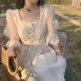 French Vintage Midi Dress Women Lace Elegant Princess Party Fairy Dress Female 2023 Spring Casual Korean Wedding Victorian Dress