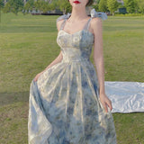 Elegant Long Flower Strap Dress Women Vintage Sweet Print Korean Slip Fairy Dress Casual Calssy Party Princess Dress Summer 2023