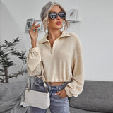 Knitted Polos T-shirt Women Long Sleeves Solid Casual Turn Down Collar Drawstring Zipper Female Crop Tops Pullover