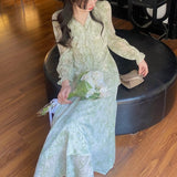 Chiffon Floral Midi Dress Women Vintage Long Sleeve Dress French V Neck 2022 Summer Elegant One Piece Dress Korean High Waist