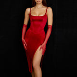 Summer Bodycon Satin red Birthday Party Dresses Sexy Spaghetti Strap Midi Dress Elegant With Slit Dresses For Women