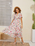 Boho Chiffon Pleated Long Women Dress Sexy Vintage Elegant V Neck Short Sleeve Dress Pink Floral Beach Summer Dress Women 2023