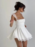 Sexy Square Neck White Lace Stitching A-Line High Waist Zipper Slim Dress for Party and Club 2023 Fashion Spring New Arrivals