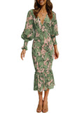 Elegant Women Spring Autumn Dress Floral Leaves Print V-neck Puff Long Sleeve Elastic Waist Slim Fit Ruffle Hem Dress