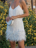 Llgye Women Evening Party Club Dress Spaghetti Strap V Neck Sequin Tassel Feather Hem Short Dresses Summer Elegant Sexy Dresses