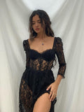 Square Neck Lace Long Sleeve Dress Elegant See Through Backless Sexy Bodycon Women Evening Dress Female Vestido Party