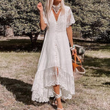 Elegant White Lace Slit Ruffle Long Dress Casual Short Sleeve Single Breasted Dress New Sexy Deep V Neck Embroidery Party Dress