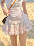 Pink Japanese Kawaii Sweet Mini Skirt Women Lace Korean Fashion Cute Skirt Female Summer Slim College Style Lolita Fairy Skirts