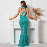 Graduation Gift Prom Dresses Ladies Dresses For Special Occasions Cyan Sexy Slim Fitted Ribbons Backless Sleeveless V-neck Sequin Evening Gowns