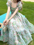 French Vintage Floral Midi Dress Women Organza Elegant Casual Party Fairy Dress Casual Holiday Princess Dress Women Spring 2023