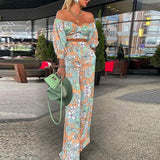 Off Shoulder Women Jumpsuit New Fashion Printed Mid-sleeve Summer Holiday Streetwear Autumn 2 Piece Sets Tops Elegant Long Pants