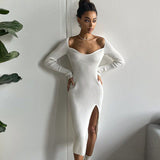 Elegant Square Collar Solid Bodycon Slim Winter Midi Dress Office Ladies Long Sleeve Party Dress Knitted Vestidos De Mujer