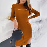Deikao Sexy Hollow Long Sleeve Midi Dress Solid Color Slim Fit Fashion Hollow Out One Step Korean Robe Club Pencil Dress For Women
