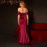 Graduation Gift Formal Occasion Prom Dress Elegant Burgundy Slim Fitted Guest Wedding Party Evening Dress Boat Neck Backless Empire Floor-length