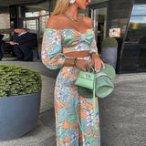 Off Shoulder Women Jumpsuit New Fashion Printed Mid-sleeve Summer Holiday Streetwear Autumn 2 Piece Sets Tops Elegant Long Pants