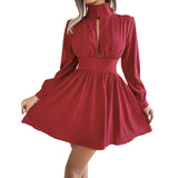 Deikao Women Long Sleeve Autumn Dress Solid Color Mock Neck Cut Out Pleated Dress Female Casual Fairy Vintage Dresses