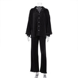 deikao Casual Pleated High Waist Trousers Set Women Summer Long Sleeve Shirt Wide Up Pants Suit Solid Office Lady Elegant Loose Outfits