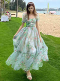 French Vintage Floral Midi Dress Women Organza Elegant Casual Party Fairy Dress Casual Holiday Princess Dress Women Spring 2023